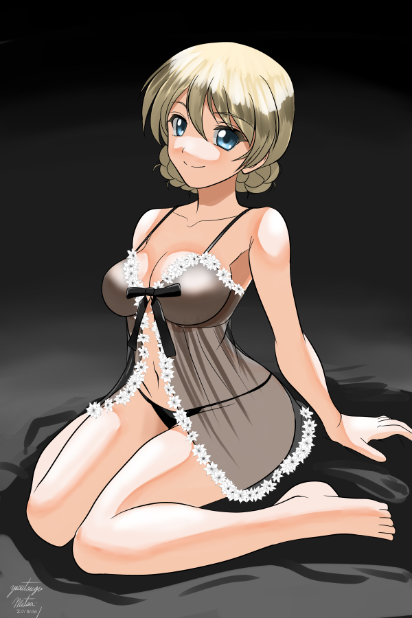 1girl arm_support artist_name bangs barefoot bed_sheet black_babydoll black_background black_panties blonde_hair blue_eyes bow_babydoll braid breasts cleavage closed_mouth cursive darjeeling dated eyebrows_visible_through_hair full_body girls_und_panzer lace-trimmed_babydoll lingerie looking_at_viewer matsui_yasutsugu medium_breasts navel on_bed panties see-through short_hair signature sitting smile solo string_panties tied_hair twin_braids underwear underwear_only wariza