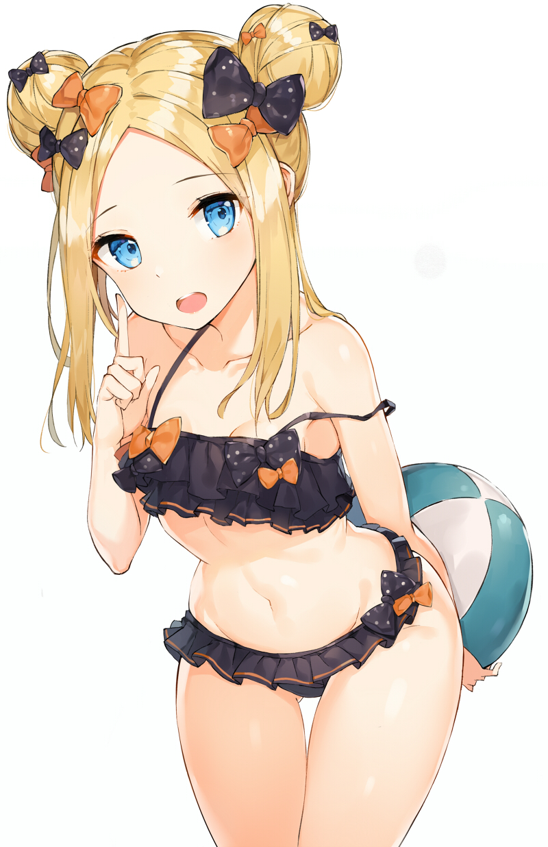 1girl abigail_williams_(fate/grand_order) ball bare_arms bare_shoulders beachball bikini black_bikini black_bow blonde_hair blue_eyes blush bow breasts collarbone commentary_request double_bun emerald_float eyebrows_visible_through_hair fate/grand_order fate_(series) forehead groin hair_bow highres index_finger_raised leaning_forward long_hair looking_at_viewer navel open_mouth orange_bow revision rikoma round_teeth side_bun sidelocks simple_background small_breasts solo swimsuit teeth thigh_gap upper_teeth white_background