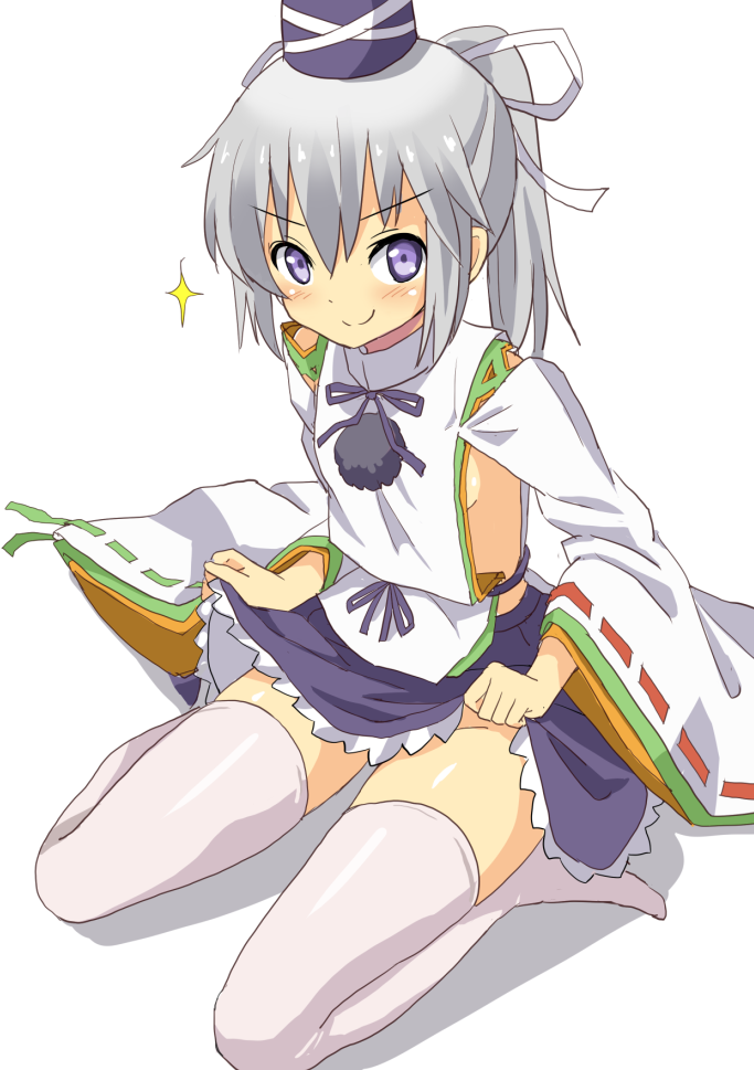 1girl eyebrows_visible_through_hair full_body grey_hair hair_ribbon hat long_hair looking_at_viewer mononobe_no_futo no_panties no_shoes ponytail ribbon ribbon-trimmed_sleeves ribbon_trim side_ponytail simple_background sitting skirt skirt_lift smug solo sparkle taishi_(moriverine) thigh-highs touhou v-shaped_eyebrows violet_eyes white_background white_legwear white_ribbon wide_sleeves