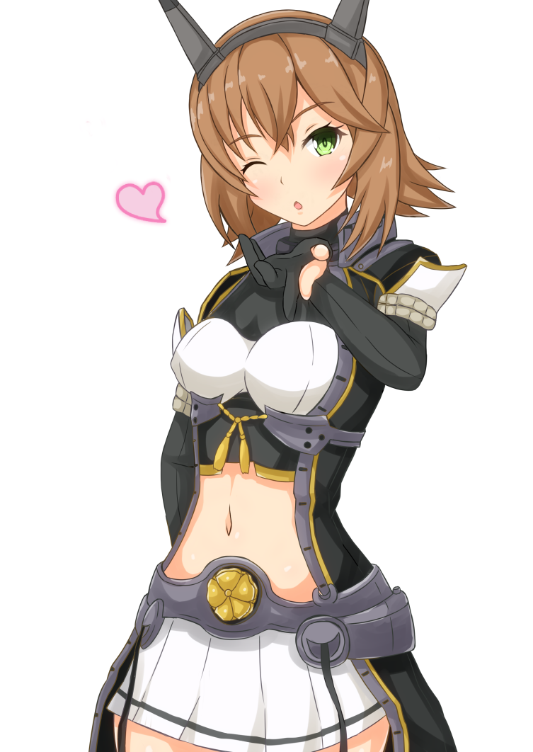 1girl alternate_costume arm_behind_back bangs breasts brown_hair commentary_request cowboy_shot eyebrows_visible_through_hair gloves green_eyes hairband head_tilt heart kantai_collection linfa_lm looking_at_viewer midriff mutsu_(kantai_collection) navel one_eye_closed pleated_skirt pointing short_hair skirt solo standing white_skirt