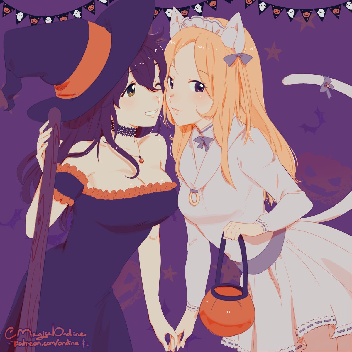 2girls animal_ears blonde_hair bracelet broom broom_riding brown_hair cat_ears cat_tail cute dancer dress halloween halloween_costume hat headband highres jack-o'-lantern jewelry long_hair magical_ondine multiple_girls necklace nintendo octopath_traveler open_mouth ophilia_(octopath_traveler) ponytail primrose_azelhart pumpkin simple_background smile square_enix tail witch witch_hat