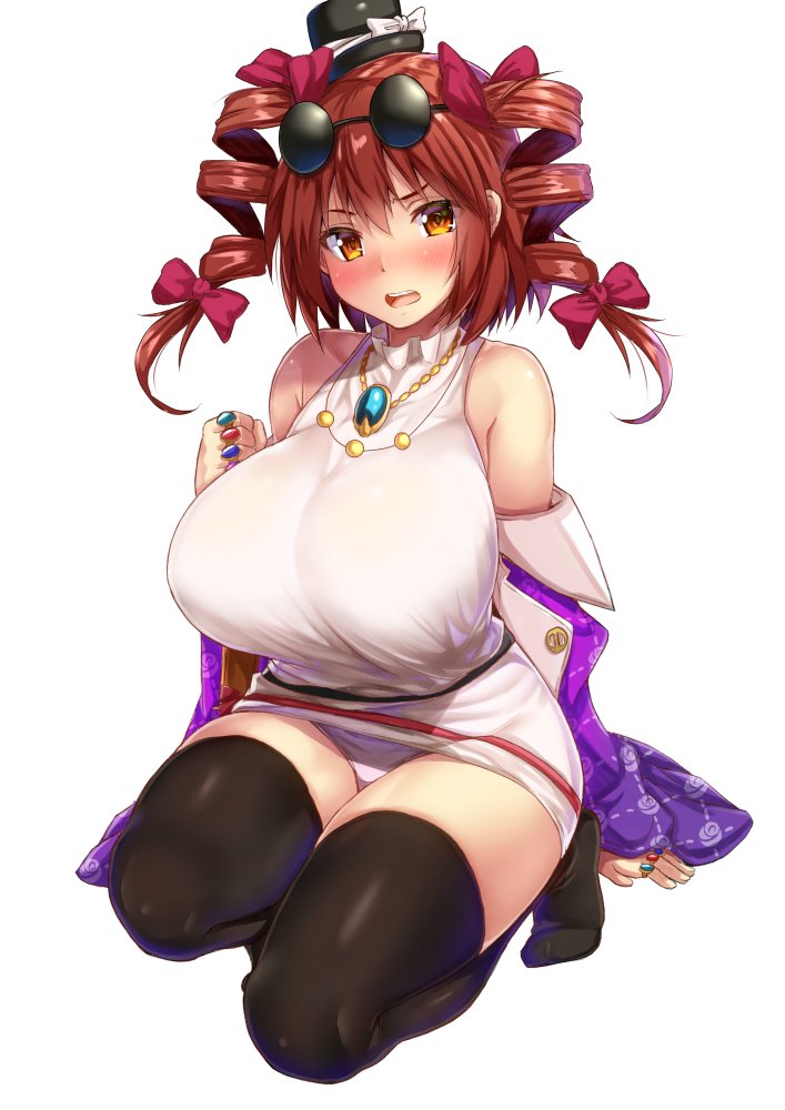 1girl alternate_breast_size arm_support bangs bare_shoulders belt black_hat black_legwear bow breasts brown_hair clenched_hand coat commentary_request dress drill_hair ebi_193 eyewear_on_head full_body hair_between_eyes hair_bow hand_up hat hat_bow huge_breasts jewelry long_sleeves mini_hat mini_top_hat no_shoes off_shoulder orange_eyes panties pendant purple_coat red_bow ring seiza short_dress short_hair simple_background sitting sleeveless sleeveless_dress solo sunglasses thigh-highs thighs top_hat touhou twin_drills twintails underwear white_background white_bow white_dress white_panties wide_sleeves yorigami_jo'on