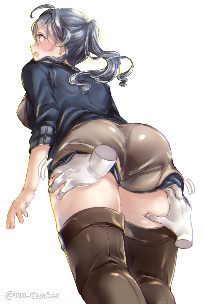 1girl ass blue_eyes blue_hair blue_jacket blush boots breasts brown_footwear dress eyebrows_visible_through_hair gotland_(kantai_collection) hair_between_eyes jacket juurouta kantai_collection long_hair long_sleeves mole mole_under_eye open_mouth ponytail remodel_(kantai_collection) simple_background solo thigh-highs thigh_boots white_background