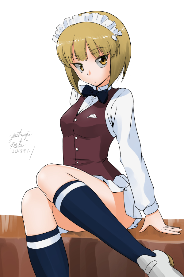 1girl arm_support artist_name bangs bartender black_neckwear blonde_hair blunt_bangs bow bowtie brown_vest closed_mouth commentary cutlass_(girls_und_panzer) dress_shirt eyebrows_visible_through_hair girls_und_panzer handkerchief legs light_frown loafers long_sleeves looking_at_viewer maid_headdress matsui_yasutsugu miniskirt navy_blue_legwear pleated_skirt print_legwear school_uniform shirt shoes short_hair signature single_horizontal_stripe sitting skirt socks solo vest white_background white_footwear white_shirt white_skirt wing_collar yellow_eyes