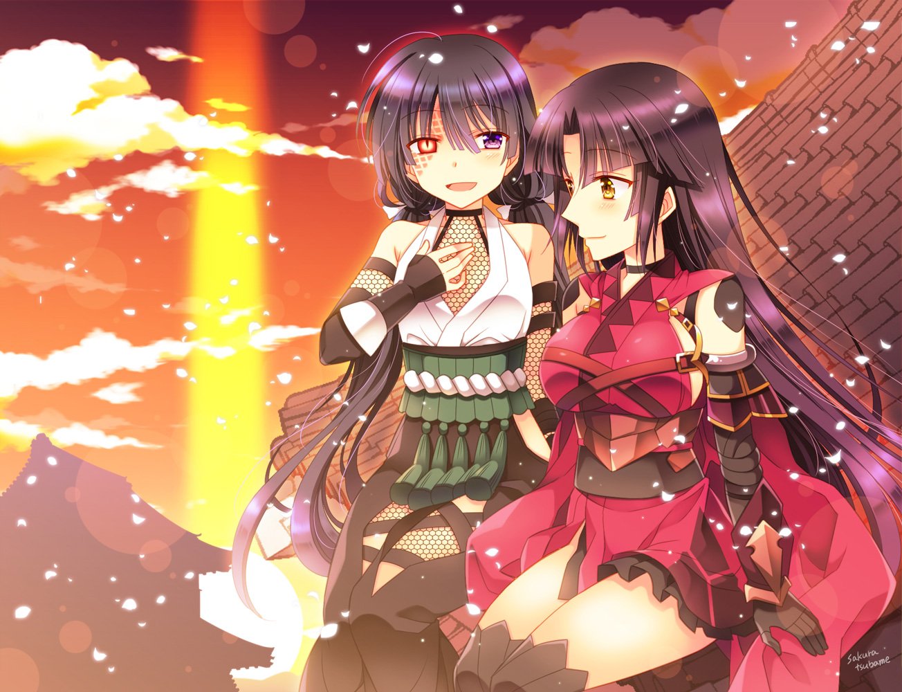 2girls architecture black_hair east_asian_architecture eyepatch eyepatch_removed fate/grand_order fate_(series) heterochromia katou_danzou_(fate/grand_order) low_twintails mochizuki_chiyome_(fate/grand_order) multiple_girls on_roof petals red_eyes sakura_tsubame sitting smile sunset twintails violet_eyes yellow_eyes