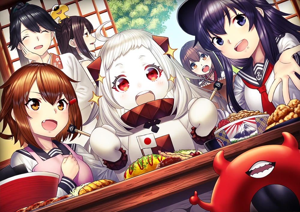 6+girls :d ^_^ ^o^ akagi_(kantai_collection) akatsuki_(kantai_collection) black_hair black_hat black_sailor_collar brown_eyes brown_hair closed_eyes closed_eyes commentary_request drooling enemy_lifebuoy_(kantai_collection) fang flat_cap food hair_between_eyes hair_ornament hairclip hat holding horns houshou_(kantai_collection) ikazuchi_(kantai_collection) kantai_collection kappougi karaage kyon_(fuuran) long_hair long_sleeves multiple_girls neckerchief northern_ocean_hime omelet open_mouth ponytail purple_hair red_eyes red_neckwear sailor_collar school_uniform sendai_(kantai_collection) serafuku shinkaisei-kan short_hair shrimp shrimp_tempura smile sparkle t-head_admiral tempura violet_eyes white_hair