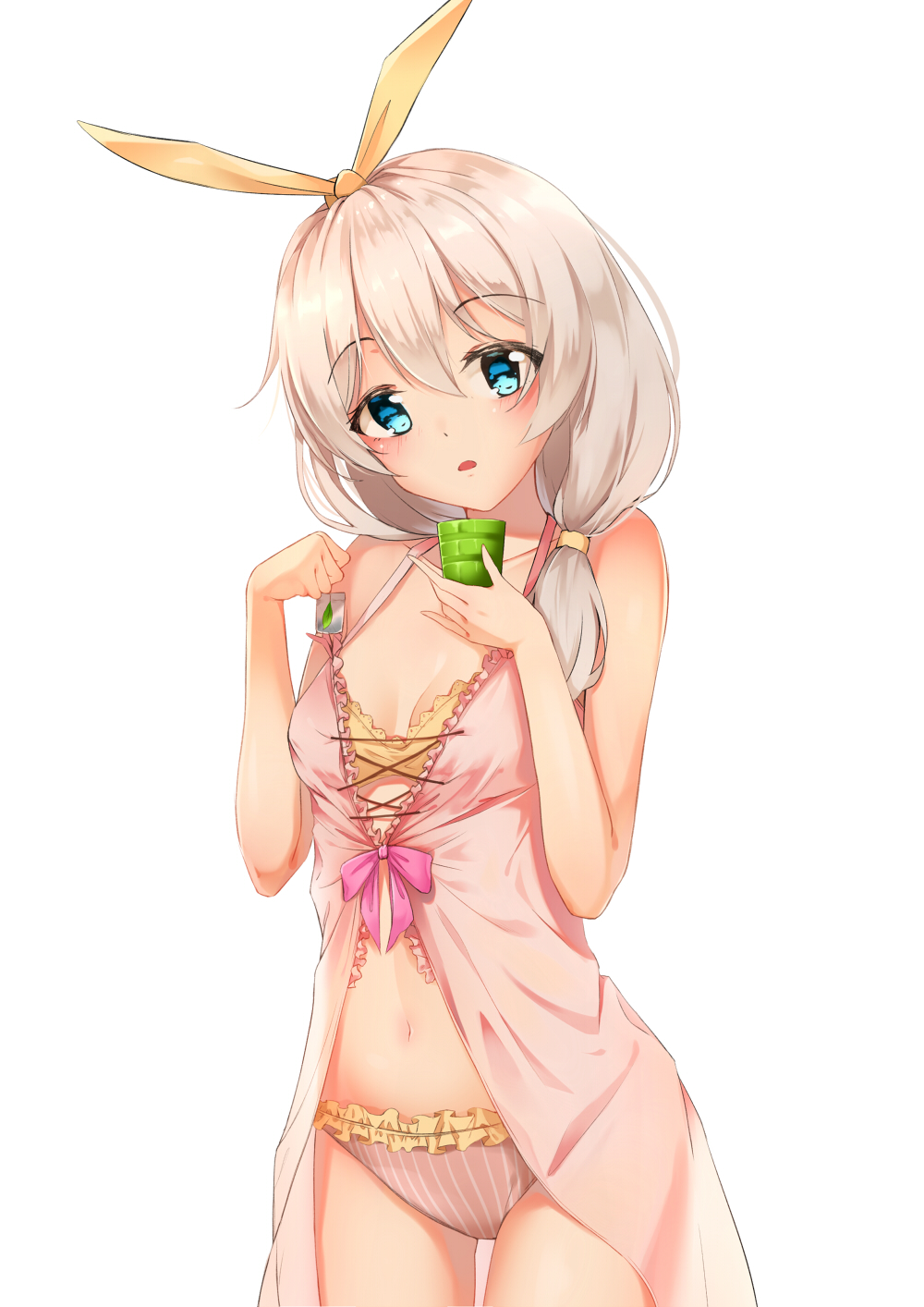 1girl 2267420264 :o babydoll bangs bare_shoulders blue_eyes bra breasts cleavage collarbone commentary_request cowboy_shot cup eyebrows_visible_through_hair frilled_panties frills grey_hair hair_between_eyes hair_ribbon hair_tie head_tilt highres holding holding_cup honkai_impact long_hair looking_at_viewer mismatched_underwear navel open_mouth panties pink_panties pink_ribbon ribbon small_breasts solo stomach striped teabag theresa_apocalypse underwear underwear_only vertical-striped_panties vertical_stripes white_background yellow_bra yellow_ribbon