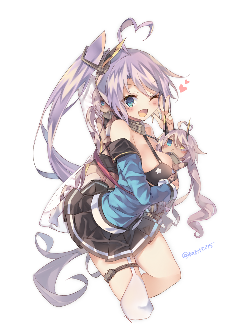 1girl ahoge azur_lane bangs bare_shoulders between_breasts blue_eyes blush breasts character_doll character_request cropped_legs doll doll_hug eyebrows_visible_through_hair garter_straps hand_gesture heart holding holding_doll leg_up long_hair miniskirt off_shoulder open_mouth ponytail portland_(azur_lane) rento_(rukeai) side_ponytail silver_hair simple_background single_thighhigh skirt smile thigh-highs thigh_strap twitter_username v white_background white_legwear yellow_eyes