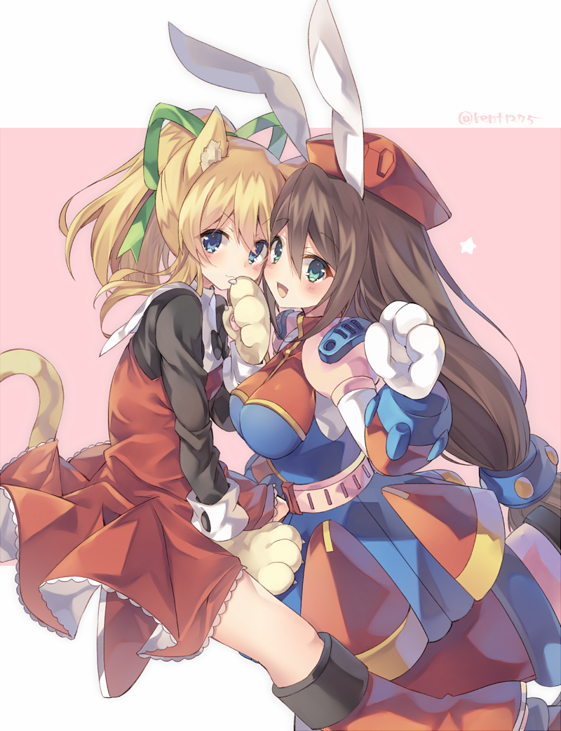 2girls :3 android animal_ears aqua_eyes bangs beret blonde_hair blue_eyes blush breasts brown_hair bunny_paws capcom cat_ears cat_paws cat_tail dress hair_between_eyes hair_ribbon hat iris_(rockman_x) long_hair long_sleeves looking_at_viewer multiple_girls open_mouth paws ponytail rabbit_ears red_dress red_footwear rento_(rukeai) ribbon rockman rockman_(classic) rockman_x rockman_x4 roll simple_background smile tail very_long_hair