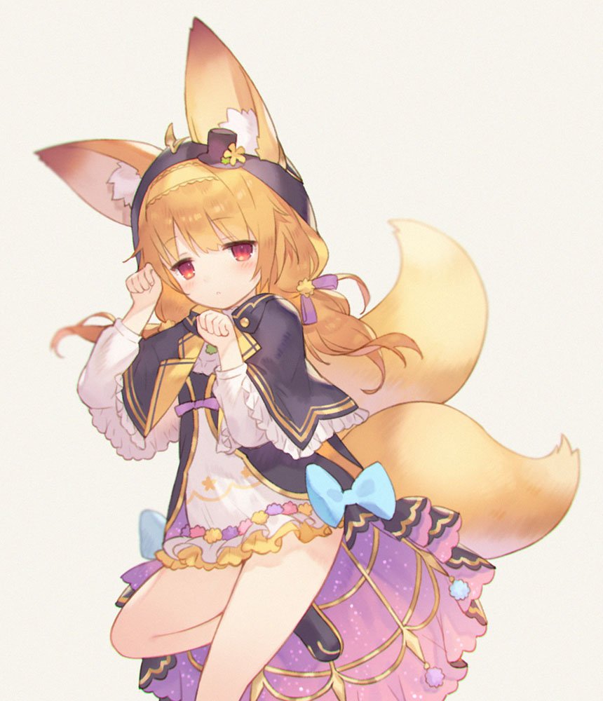 1girl animal_ears bare_legs blonde_hair capelet commentary_request dress expressionless flower_knight_girl fox_ears fox_tail frilled_capelet frilled_dress frills hair_ribbon hairband hat hood hood_up jacket kitsune_no_botan_(flower_knight_girl) long_hair long_sleeves mini_hat mini_top_hat multiple_tails parted_lips red_eyes ribbon sabakamen short_dress tail tied_hair top_hat two_tails