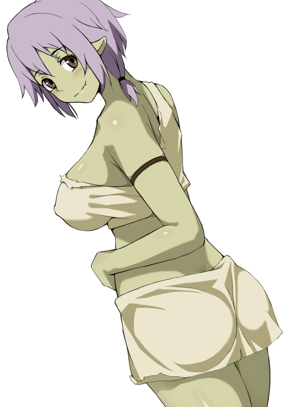 1girl armlet ass bare_shoulders blush breasts brown_eyes crop_top erect_nipples fang goblin haruna_(tensei_shitara_slime_datta_ken) highres large_breasts looking_at_viewer monster_girl no_bra pointy_ears purple_hair side_ponytail sideboob skirt solo tensei_shitara_slime_datta_ken