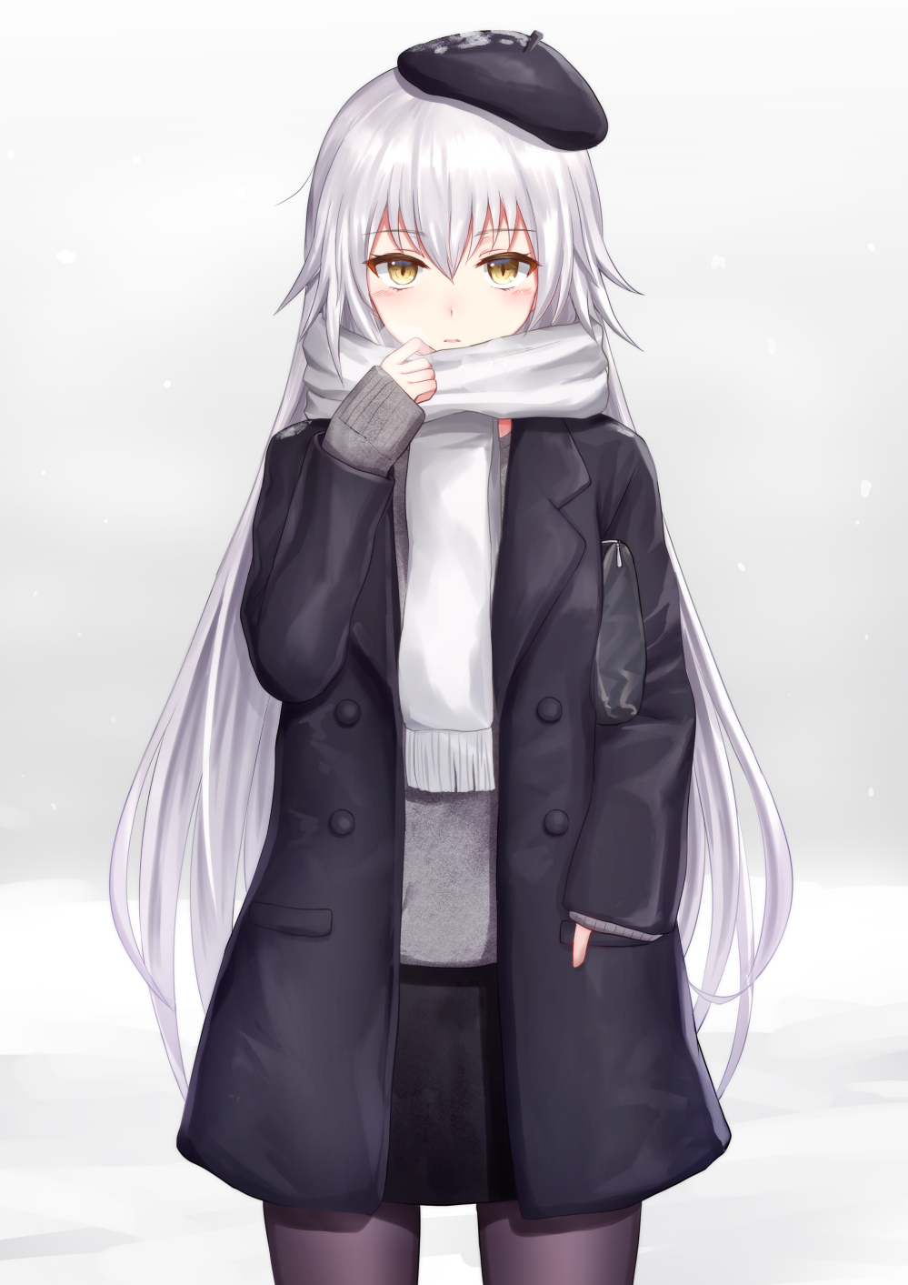1girl bag bangs beret black_coat black_hat black_skirt blush breath brown_eyes brown_legwear coat commentary_request cowboy_shot eyebrows_visible_through_hair fate/grand_order fate_(series) fringe gradient gradient_background grey_background grey_sweater hair_between_eyes hand_in_pocket hand_up handbag hat highres jeanne_d'arc_(alter)_(fate) jeanne_d'arc_(fate)_(all) long_hair long_sleeves open_clothes open_coat pantyhose parted_lips scarf seungju_lee silver_hair skirt sleeves_past_wrists snow solo standing sweater tilted_headwear very_long_hair white_scarf