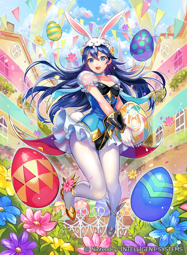 1girl animal_ears blue_eyes blue_hair blush bunny_girl bunny_tail bunnysuit detached_collar egg fake_animal_ears fire_emblem fire_emblem:_kakusei fire_emblem_cipher fire_emblem_heroes gloves leotard long_hair looking_at_viewer lucina matsurika_youko nintendo official_art open_mouth rabbit_ears smile solo strapless strapless_leotard tail wrist_cuffs