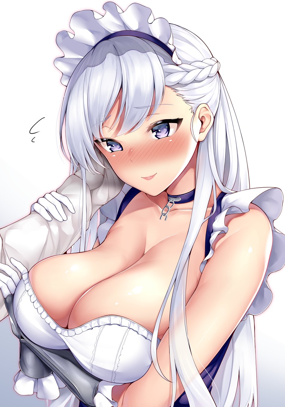 1boy 1girl 3104_(3104milkshake) apron arm_guards azur_lane bangs belfast_(azur_lane) blue_eyes blush braid breasts chains cleavage collar collarbone dress eyebrows_visible_through_hair french_braid frilled_gloves frills gloves gradient gradient_background highres holding_another's_arm jacket large_breasts long_hair maid maid_headdress shiny shiny_skin silver_hair simple_background skindentation smile solo white_gloves white_jacket