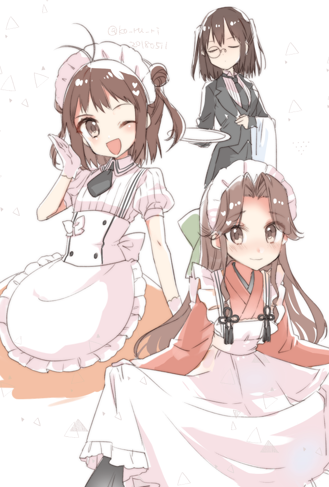 3girls alternate_costume antenna_hair apron black_hakama black_neckwear blush brown_eyes brown_hair closed_eyes dated double_bun enmaided formal frilled_apron frills green_ribbon hair_ribbon hakama japanese_clothes jintsuu_(kantai_collection) kantai_collection kimono koruri lifted_by_self long_hair looking_at_viewer maid maid_apron maid_headdress monocle multiple_girls naka_(kantai_collection) necktie obi one_eye_closed orange_kimono orange_skirt pant_suit ponytail puffy_short_sleeves puffy_sleeves ribbon sash sendai_(kantai_collection) short_sleeves simple_background skirt skirt_hold smile suit tray twitter_username two_side_up wa_maid waist_apron waitress white_apron white_background wide_sleeves