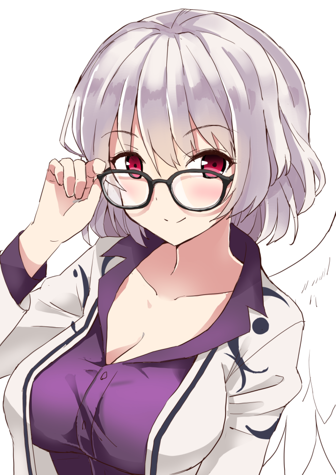 1girl bespectacled black-framed_eyewear breasts cleavage collarbone eyebrows_visible_through_hair glasses hand_on_eyewear jacket kishin_sagume large_breasts long_sleeves looking_at_viewer purple_shirt red_eyes shirt short_hair silver_hair simple_background single_wing smile solo taishi_(moriverine) touhou upper_body white_background white_jacket white_wings wings