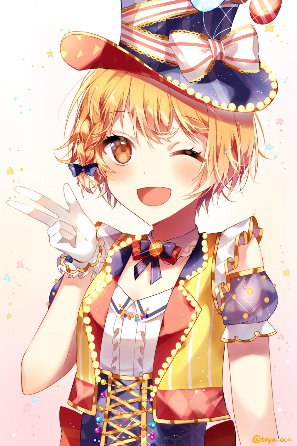 1girl ;d balloon bang_dream! blue_bow blush bow braid brown_eyes center_frills corset detached_collar eyebrows_visible_through_hair gloves hair_bow hand_up hat hat_ribbon highres kitazawa_hagumi looking_at_viewer multicolored multicolored_clothes neck_ribbon one_eye_closed open_mouth orange_hair ribbon short_sleeves side_braid smile solo sparkle striped striped_ribbon taya_5323203 top_hat twitter_username upper_body w white_gloves