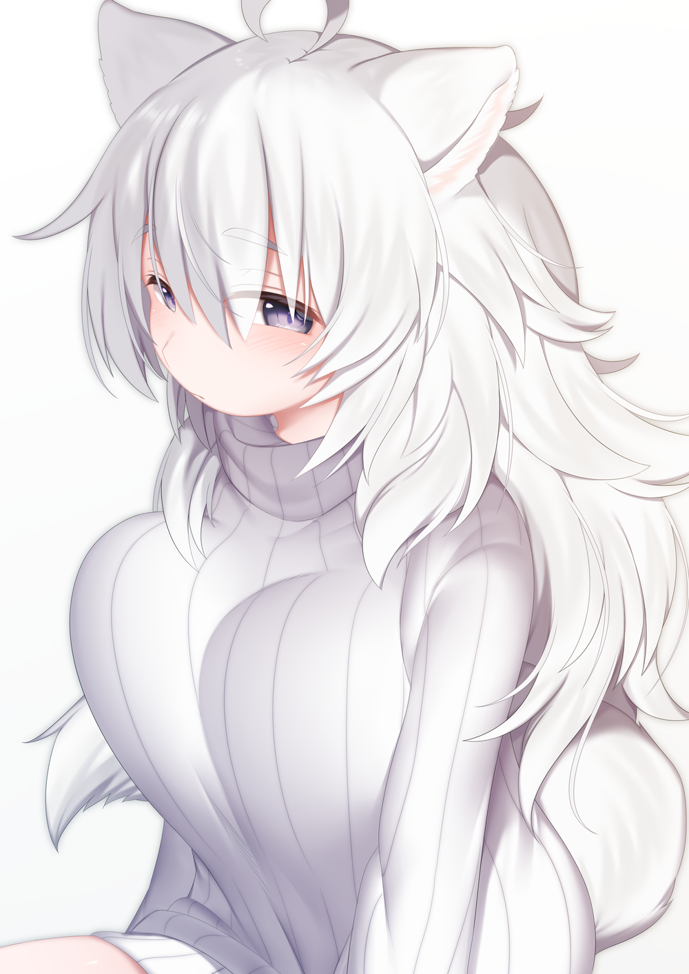 1girl ahoge animal_ears bangs blush closed_mouth commentary dog_ears dress eyebrows_visible_through_hair grey_background hair_between_eyes highres long_hair looking_at_viewer mofuaki original ribbed_sweater silver_hair simple_background sitting solo sweater sweater_dress tail thick_eyebrows turtleneck turtleneck_sweater very_long_hair violet_eyes white_sweater