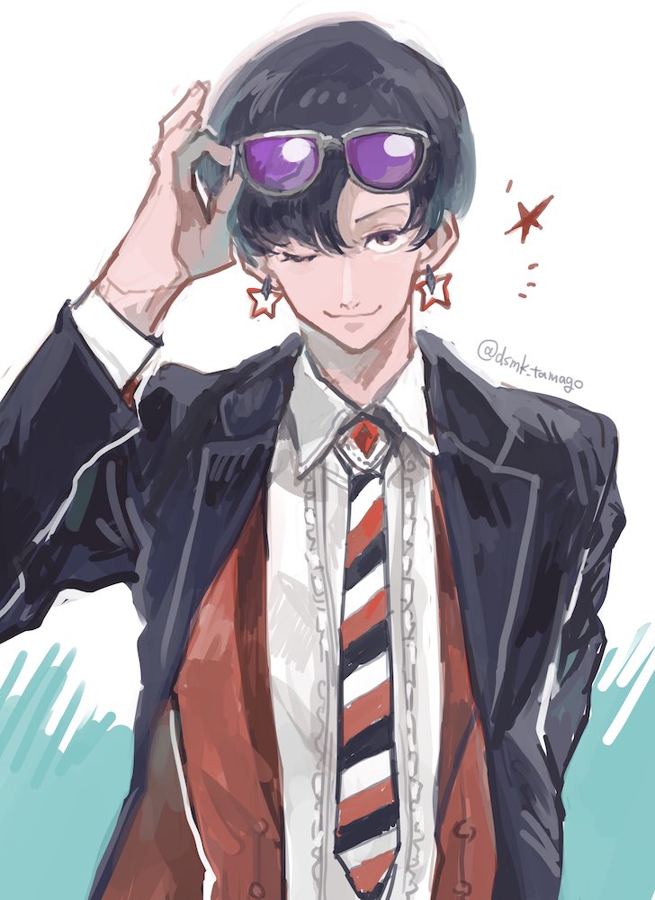 1boy black_hair blazer cosplay dashimaki_tamago earrings eshigami_no_kizuna eyewear_on_head jacket jewelry looking_at_viewer male_focus namesake necktie one_eye_closed rock_(character) rock_(eshigami_no_kizuna) rock_(eshigami_no_kizuna)_(cosplay) simple_background smile solo star star_earrings star_system striped_neckwear sunglasses twitter_username white_background