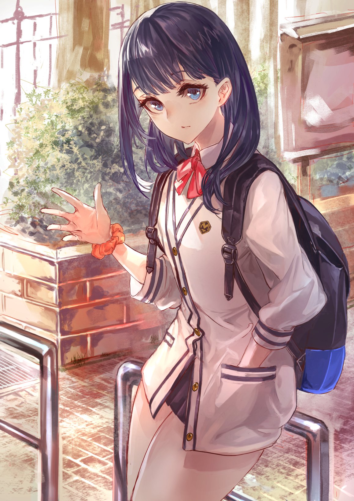 1girl backpack bag bangs black_hair black_skirt blazer blue_eyes bow cardigan closed_mouth hand_in_pocket highres jacket leaning_back leaning_on_rail long_hair long_sleeves looking_at_viewer outstretched_hand pleated_skirt red_neckwear school_uniform scrunchie signo_aaa skirt ssss.gridman takarada_rikka thighs wrist_scrunchie