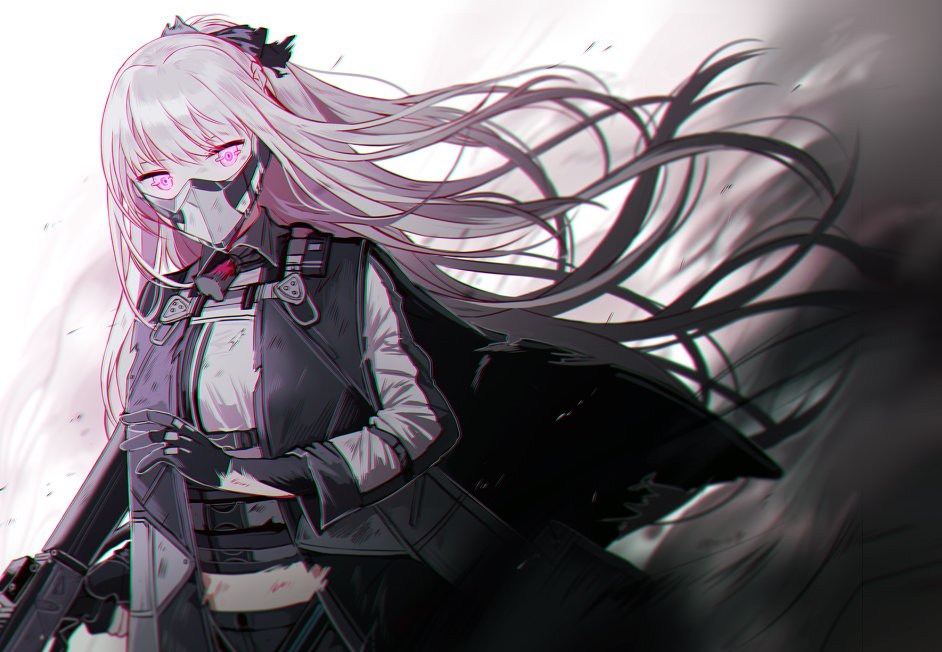 1girl ak-12 ak-12_(girls_frontline) assault_rifle bangs black_gloves braid breasts cloak damaged floating_hair french_braid gas_mask girls_frontline gloves gun holding holding_gun holding_weapon jacket long_hair long_sleeves looking_at_viewer medium_breasts ribbon rifle sidelocks silence_girl silver_hair solo torn_clothes very_long_hair violet_eyes weapon wind wind_lift