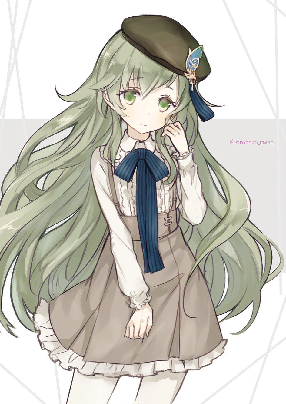 1boy contemporary contrapposto cowboy_shot eyebrows_visible_through_hair frilled_skirt frills green_eyes green_hair hat highres long_hair looking_at_viewer pinocchio_(sinoalice) ribbon sinoalice skirt trap user_ddz3319 very_long_hair