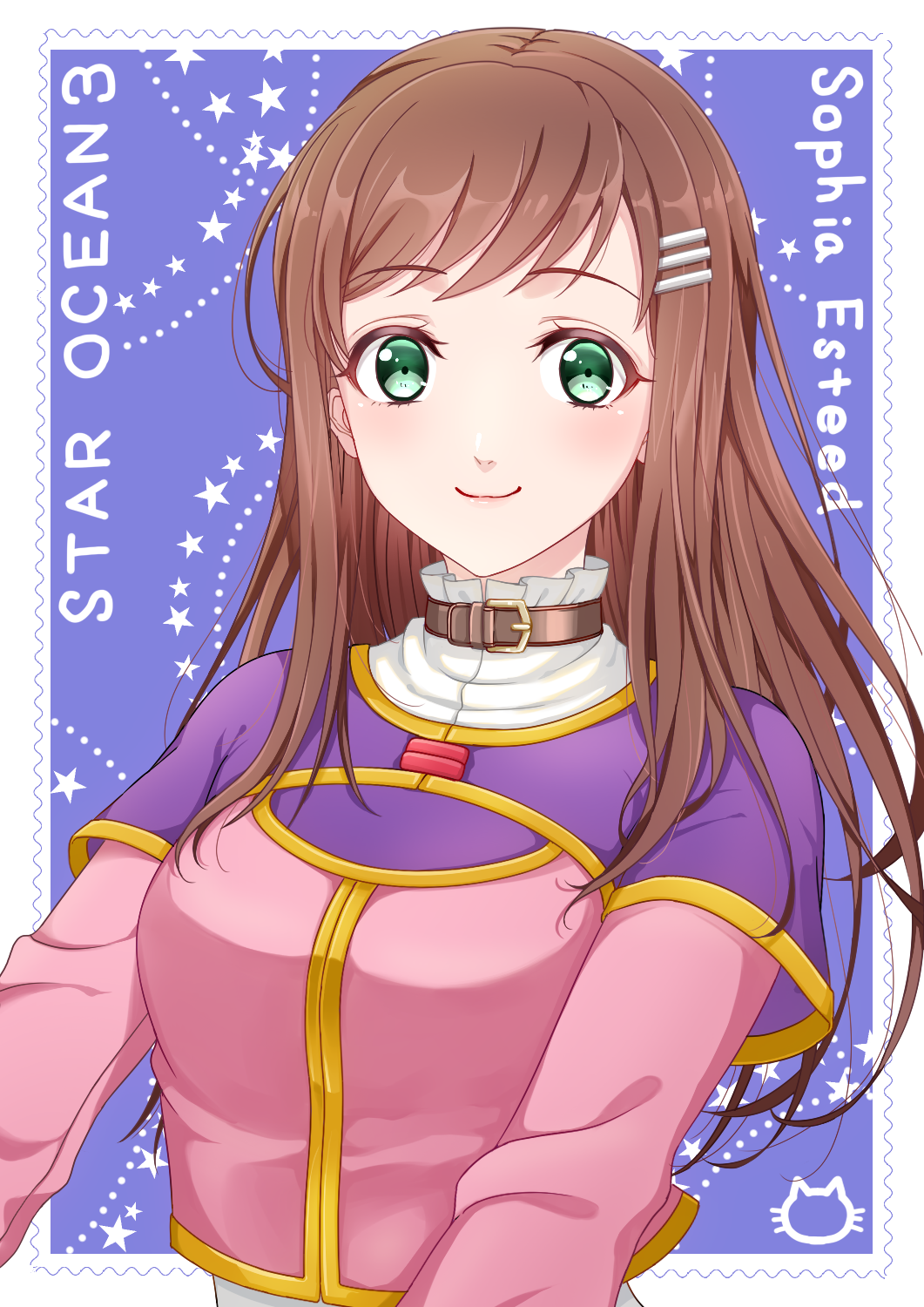 1girl ayakura_azuma brown_hair character_name copyright_name green_eyes hair_ornament hairclip highres looking_at_viewer neck_belt simple_background smile solo sophia_esteed star star_ocean star_ocean_till_the_end_of_time upper_body