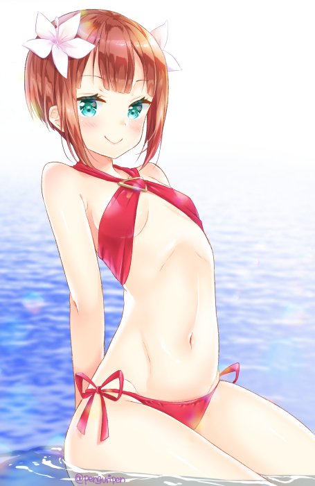 1girl arm_behind_back bikini blush breasts brown_hair flower green_eyes groin hair_flower hair_ornament halterneck kousaka_yukiho looking_at_viewer love_live! love_live!_school_idol_project navel pengin_guriko red_bikini short_hair side-tie_bikini sideboob sitting small_breasts smile solo swimsuit twitter_username under_boob water white_flower