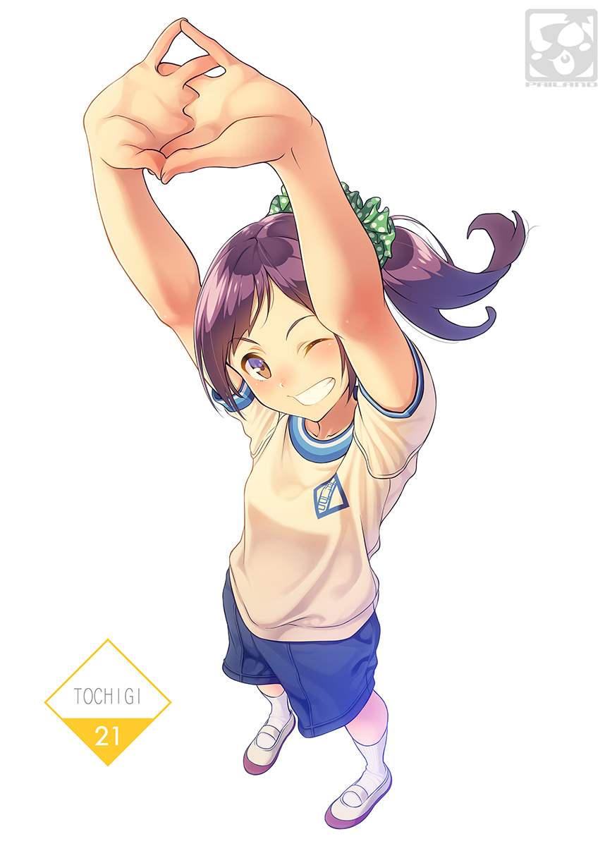 1girl ;d arms_up artist_logo artist_name bangs blue_shorts blush breasts brown_eyes commentary_request eyebrows_visible_through_hair from_above full_body grin gym_shorts gym_uniform hair_ornament hair_scrunchie highres kneehighs legs_apart looking_at_viewer looking_up nose_blush one_eye_closed open_mouth original own_hands_together pairan palms parted_bangs perspective polka_dot purple_hair scrunchie shirt shoes short_sleeves shorts simple_background small_breasts smile standing stretch teeth uwabaki white_background white_footwear white_legwear white_shirt