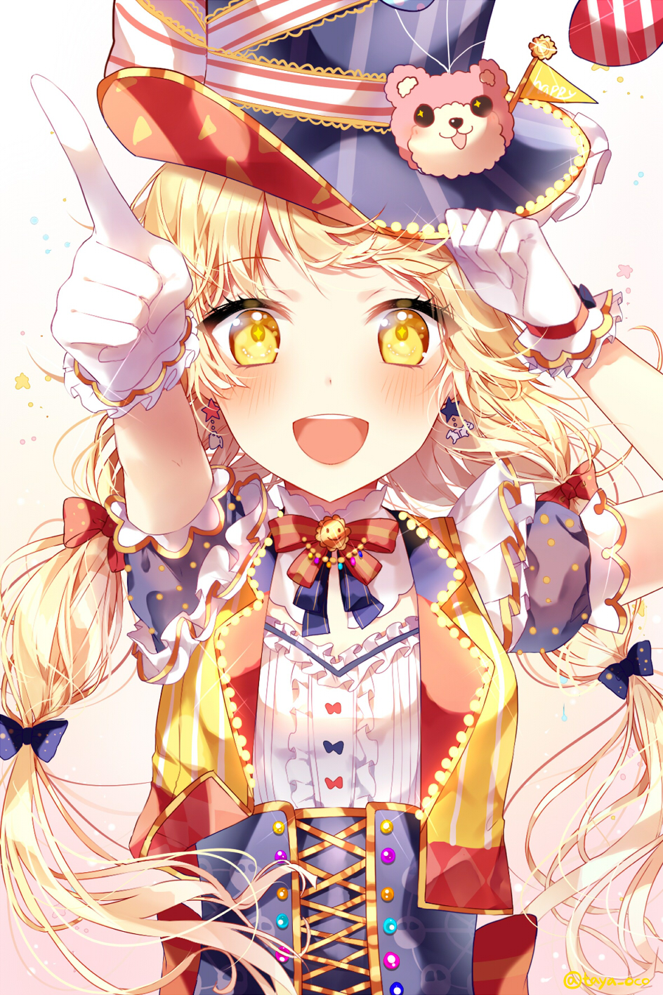 1girl :d adjusting_clothes adjusting_hat alternate_hairstyle bang_dream! bangs blonde_hair blue_bow blue_neckwear blush bow center_frills character_hat_ornament corset earrings eyebrows_visible_through_hair gloves hair_bow hat hat_ornament hat_ribbon highres jewelry long_hair looking_at_viewer michelle_(bang_dream!) multicolored multicolored_clothes neck_ribbon open_mouth pennant pointing red_bow red_neckwear ribbon round_teeth short_sleeves smile solo star star_earrings striped striped_ribbon taya_5323203 teeth top_hat tsurumaki_kokoro twintails upper_body upper_teeth vest white_gloves