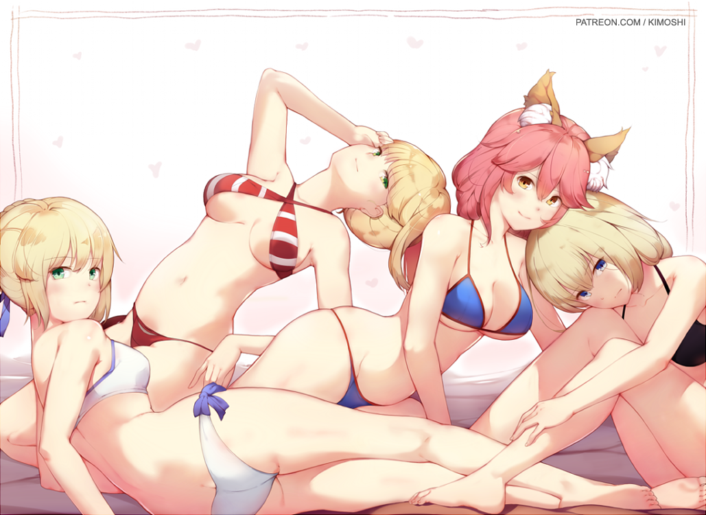 4girls animal_ear_fluff animal_ears arm_support artist_name artoria_pendragon_(all) artoria_pendragon_(swimsuit_archer) ass bangs bare_arms bare_legs bare_shoulders barefoot bikini black_bikini blonde_hair blue_bikini blue_eyes blue_ribbon braid breasts butt_crack cleavage closed_mouth collarbone commentary criss-cross_halter deru06 english_commentary eyebrows_visible_through_hair fate/grand_order fate_(series) fox_ears french_braid green_eyes groin hair_intakes hair_ribbon halter_top halterneck hand_on_own_head head_tilt jeanne_d'arc_(fate)_(all) jeanne_d'arc_(swimsuit_archer) kneepits knees_up large_breasts leaning_on_person legs long_hair looking_at_viewer lying medium_breasts multiple_girls navel nero_claudius_(fate)_(all) nero_claudius_(swimsuit_caster)_(fate) on_side pink_hair pixiv_fate/grand_order_contest_2 red_bikini ribbon side-tie_bikini sidelocks sitting skindentation smile soles solo striped striped_bikini swimsuit tamamo_(fate)_(all) tamamo_no_mae_(swimsuit_lancer)_(fate) thighs under_boob yellow_eyes