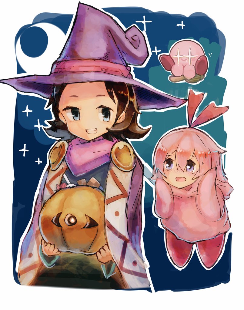2girls adeleine black_hair blue_eyes blush broom candy commentary_request cosplay crescent_moon drawcia drawcia_(cosplay) eyebrows_visible_through_hair food forehead grin hair_ribbon halloween halloween_costume hat hoshi_no_kirby hoshi_no_kirby_64 jack-o'-lantern kirby kirby_(cosplay) kirby_(series) kirby_64 kirby_canvas_curse moon multiple_girls night night_sky nintendo pink_hair pumpkin red_ribbon ribbon ribbon_(kirby) shiburingaru short_hair sketch sky smile star sweatdrop teeth touch_kirby trick_or_treat witch_hat zero_(kirby)