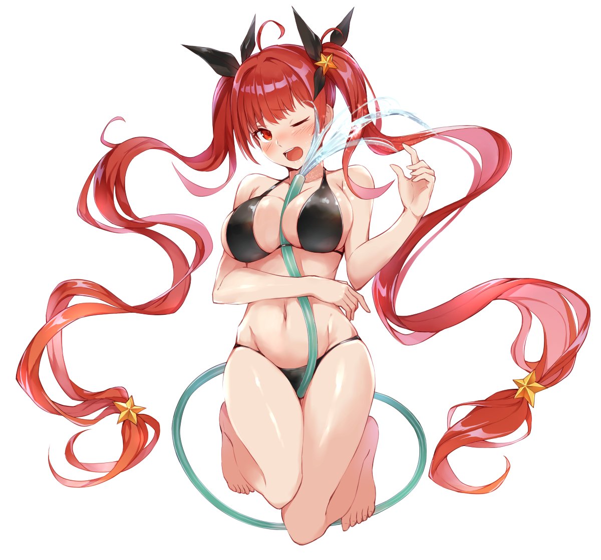 1girl absurdly_long_hair alternate_costume azur_lane bangs bikini black_bikini black_ribbon blush breasts cleavage collarbone eyebrows_visible_through_hair fumikiri gradient_hair groin hair_ornament hair_ribbon honolulu_(azur_lane) hose hose_between_breasts kneeling large_breasts long_hair looking_at_viewer multicolored_hair navel open_mouth orange_hair red_eyes redhead ribbon sidelocks simple_background skindentation solo star star_hair_ornament stomach swimsuit twintails very_long_hair water white_background