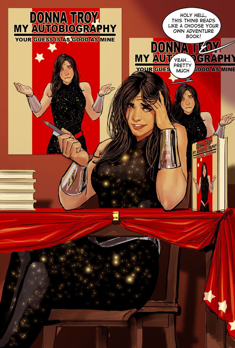 1girl black_hair bodysuit book bracelet chair character_name dc_comics donna_troy english grey_eyes jewelry long_hair shrug sitting sparkle star stjepan_sejic teeth troia