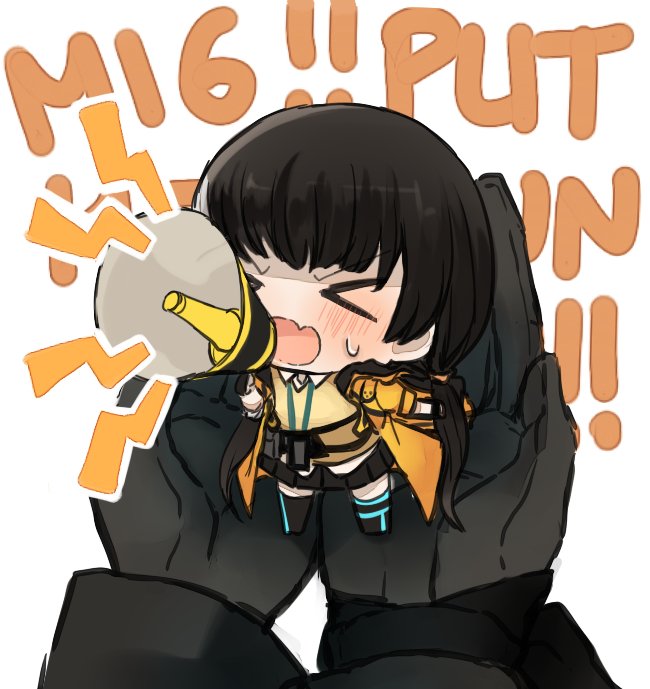 &gt;_&lt; 2girls angry artist_request black_hair chibi closed_eyes english girls_frontline gloves m16a1_(girls_frontline) megaphone multiple_girls ro635_(girls_frontline) shouting
