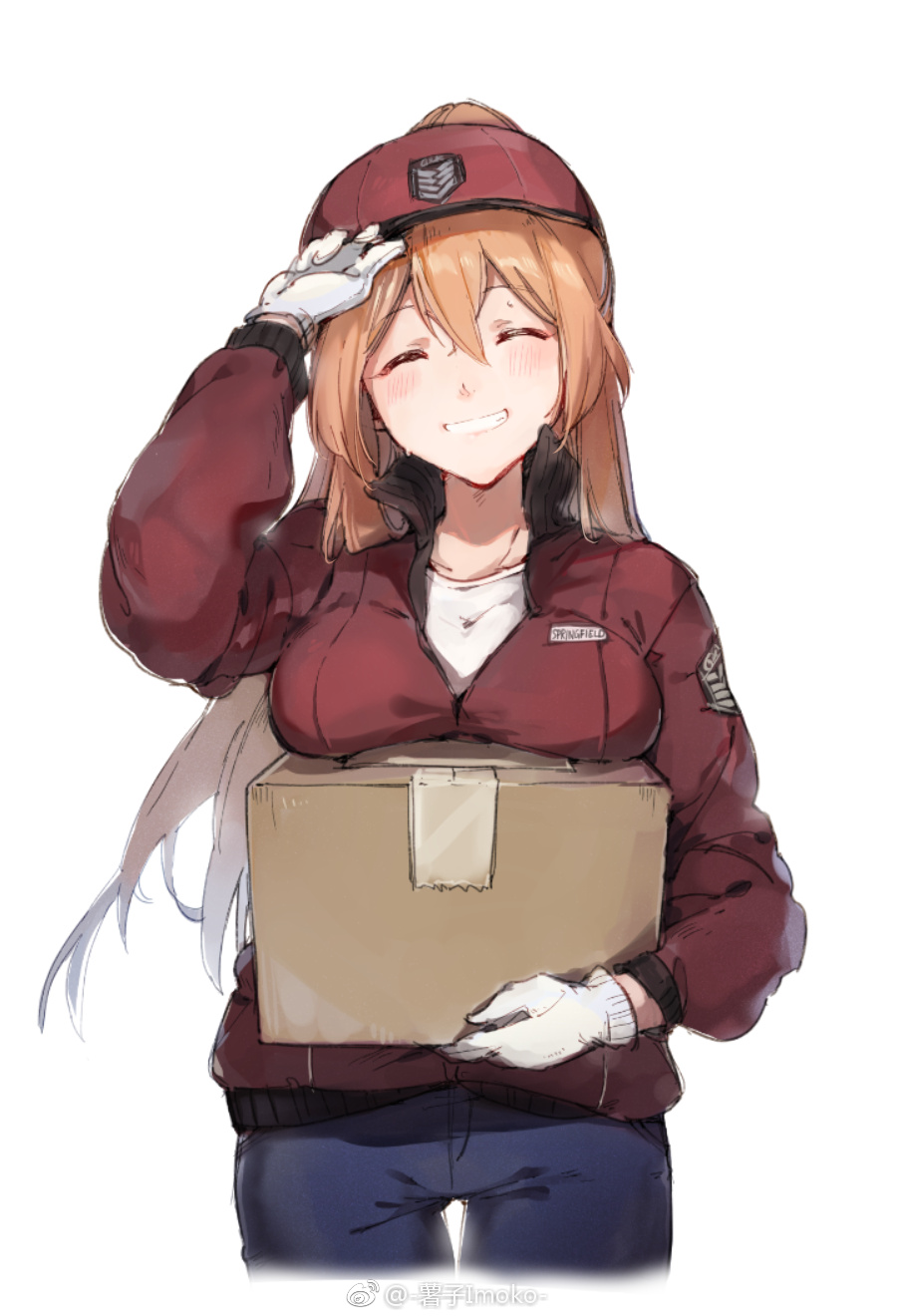 1girl artist_request blush box breast_rest breasts breasts_on_box brown_hair chinese_commentary closed_eyes commentary_request cosplay girls_frontline grin hat hataraku_saibou highres jacket long_hair m1903_springfield_(girls_frontline) medium_breasts package red_blood_cell_(hataraku_saibou) red_blood_cell_(hataraku_saibou)_(cosplay) smile solo standing thigh_gap