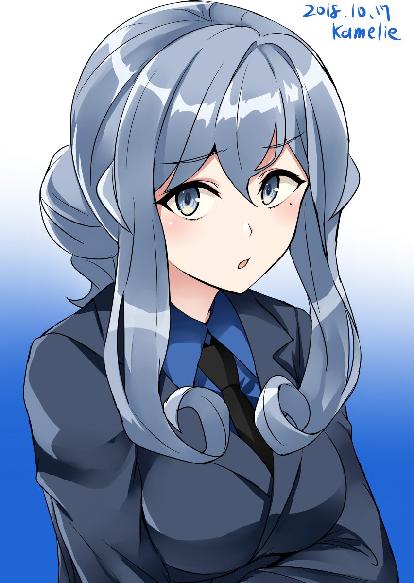 1girl black_neckwear blue_background blue_eyes blue_hair blue_shirt commentary_request crossed_arms dress_shirt gotland_(kantai_collection) gradient gradient_background hair_bun highres kamelie kantai_collection long_hair long_sleeves looking_at_viewer mole mole_under_eye necktie shirt solo upper_body white_background