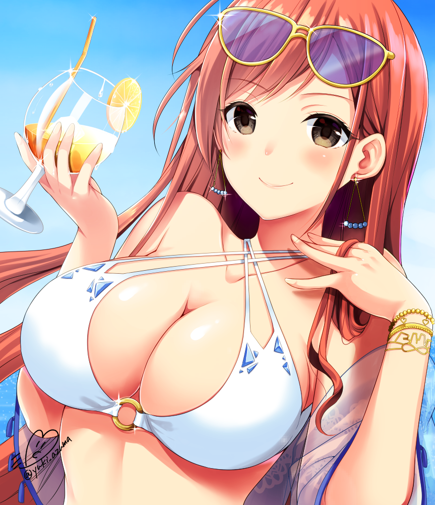 1girl adjusting_hair arisugawa_natsuha azuma_yuki bangs bikini black_eyes blush bracelet breasts center_opening cocktail_glass collarbone criss-cross_halter cup drinking_glass earrings eyebrows_visible_through_hair eyewear_on_head halterneck holding holding_cup idolmaster idolmaster_shiny_colors jewelry large_breasts long_hair looking_at_viewer o-ring o-ring_bikini o-ring_top redhead sky smile solo sparkle sunglasses swept_bangs swimsuit twitter_username upper_body very_long_hair white_bikini