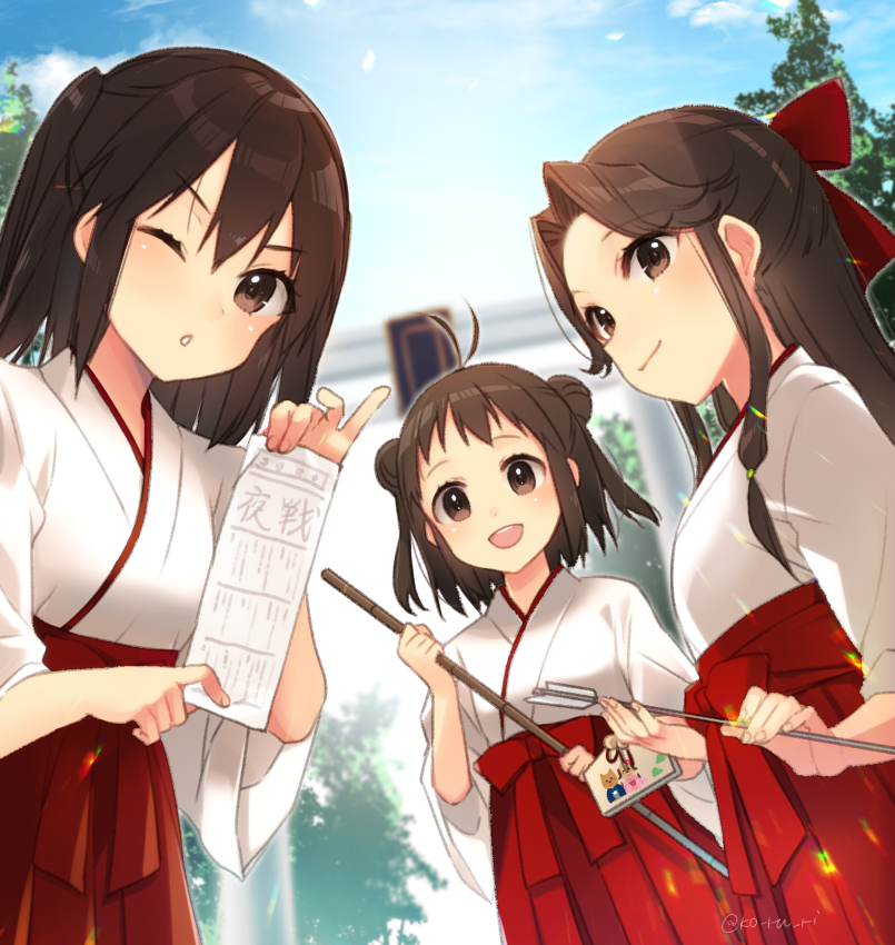 3girls :d ;o alternate_costume antenna_hair arrow bangs blue_sky blush brown_eyes brown_hair closed_mouth day double_bun dutch_angle ema eyebrows_visible_through_hair hair_ribbon hakama half_updo hamaya holding japanese_clothes jintsuu_(kantai_collection) kantai_collection kimono koruri long_hair looking_at_viewer miko multiple_girls naka_(kantai_collection) omikuji one_eye_closed open_mouth outdoors parted_bangs parted_lips pinky_out red_hakama red_ribbon ribbon sendai_(kantai_collection) short_hair sidelocks sky smile torii twitter_username two_side_up upper_body v-shaped_eyebrows white_kimono