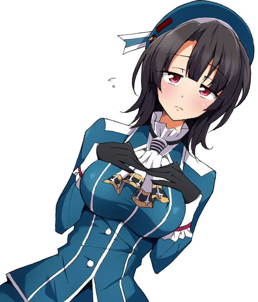1girl beret black_gloves black_hair blue_hat blue_jacket blush breasts gloves graphite_(medium) hands_on_own_chest hat jacket kantai_collection large_breasts looking_at_viewer mechanical_pencil military military_uniform nel-c pencil red_eyes short_hair simple_background solo takao_(kantai_collection) traditional_media uniform white_background white_neckwear