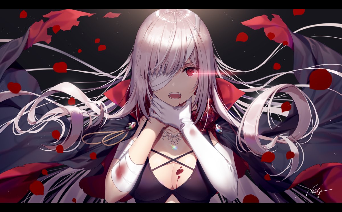 1girl alternate_costume arms_around_neck bandage bandage_over_one_eye bandaged_arm bandages bangs blood blood_from_mouth blood_on_breasts breasts cape capelet cleavage elbow_gloves facing_viewer fang fate/grand_order fate_(series) florence_nightingale_(fate/grand_order) gloves glowing glowing_eye hair_over_one_eye high_collar holding jewelry large_breasts long_hair necklace necomi open_mouth red_eyes silver_hair vampire
