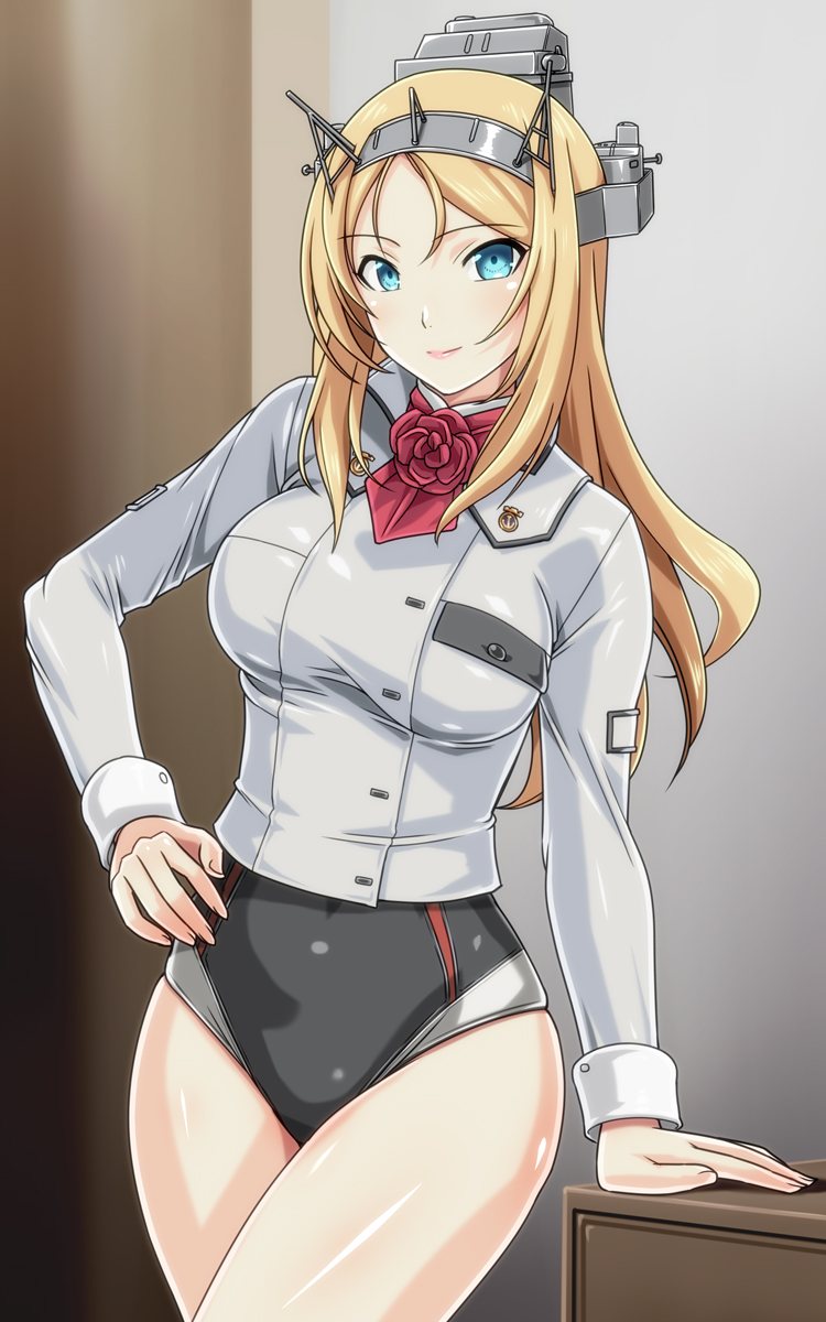 1girl ascot blonde_hair blue_eyes breasts cowboy_shot flower headgear highres indoors kantai_collection large_breasts long_hair long_sleeves military military_uniform monteriakitto nelson_(kantai_collection) one-piece_swimsuit red_flower red_neckwear red_rose rose smile solo standing swimsuit swimsuit_under_clothes uniform