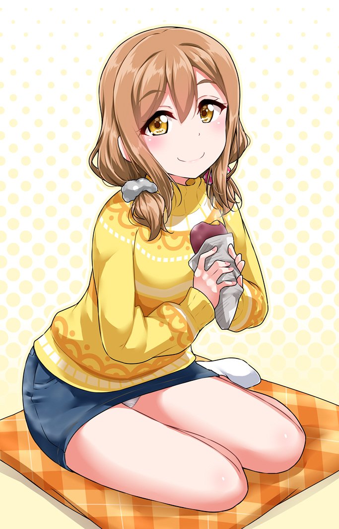 1girl alternate_hairstyle bangs blue_skirt blush commentary_request cushion eyebrows_visible_through_hair food grey_scrunchie hair_ornament hair_scrunchie halftone halftone_background holding holding_food kunikida_hanamaru long_hair long_sleeves looking_at_viewer love_live! love_live!_sunshine!! low_twintails miniskirt no_shoes panties pantyshot pantyshot_(sitting) pink_scrunchie polka_dot polka_dot_scrunchie scrunchie sidelocks sitting skirt smile socks solo sweater sweet_potato twintails underwear white_legwear white_panties yakiimo yellow_eyes yellow_sweater yokozuwari yopparai_oni