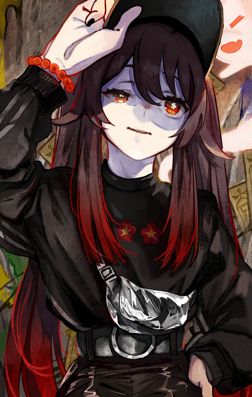 1girl arm_up bead_bracelet beads belt black_headwear black_shirt bracelet brown_hair casual fanny_pack flat_cap genshin_impact ghost hat highres hu_tao_(genshin_impact) jewelry long_sleeves looking_at_viewer red_eyes shirt solo symbol-shaped_pupils toro3 twintails