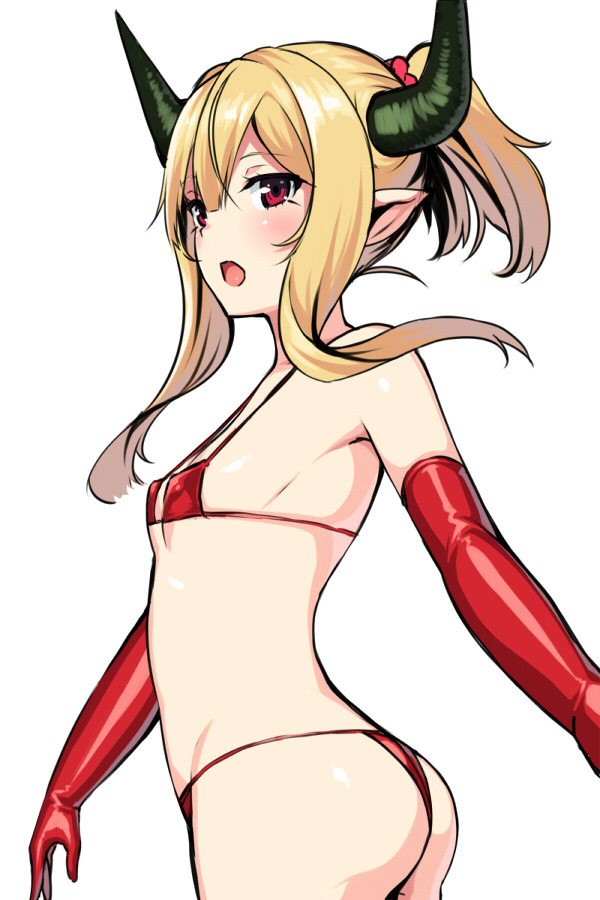 1girl :o ass bikini blonde_hair blush brave_girl_ravens elbow_gloves flat_chest gloves horns horosuke_(toot08) looking_at_viewer pointy_ears ponytail red_bikini red_eyes red_gloves short_ponytail sidelocks simple_background solo standing swimsuit upper_body white_background