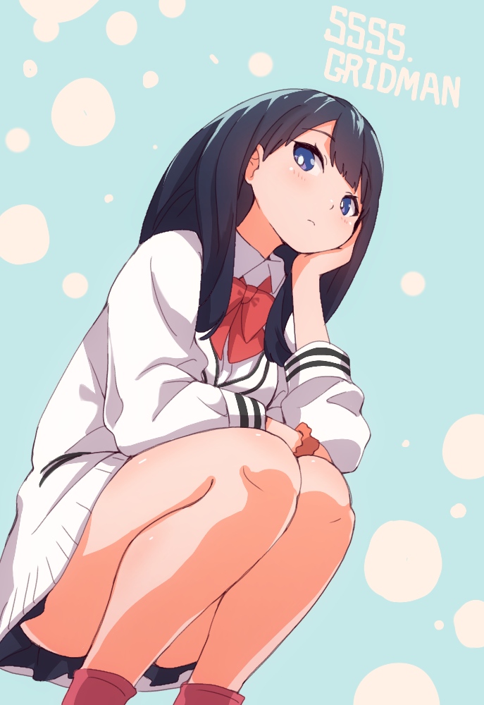 1girl blue_eyes blue_hair cardigan ddak5843 hand_on_own_cheek long_sleeves looking_at_viewer pleated_skirt red_neckwear school_uniform skirt solo squatting ssss.gridman takarada_rikka