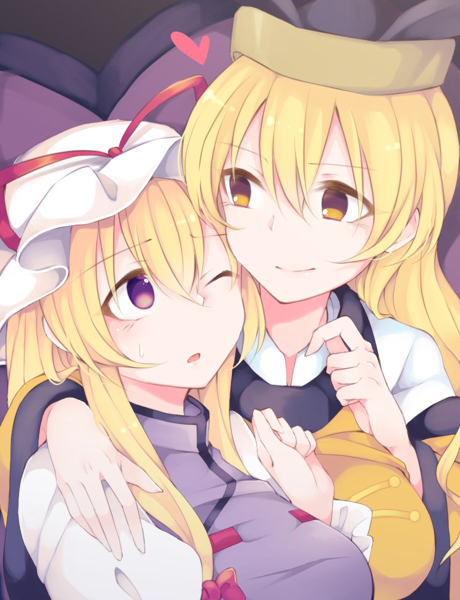 2girls arm_around_shoulder bangs black_hat blonde_hair bow breasts commentary_request detached_sleeves eyebrows_visible_through_hair hair_between_eyes hair_bow hand_on_another's_shoulder hand_up hat hat_ribbon heart highres juliet_sleeves large_breasts long_hair long_sleeves looking_at_another matara_okina mob_cap multiple_girls one_eye_closed parted_lips puffy_sleeves red_bow red_ribbon ribbon sidelocks smile sweat tabard tama_(soon32281) touhou upper_body white_hat wide_sleeves yakumo_yukari yellow_eyes yuri