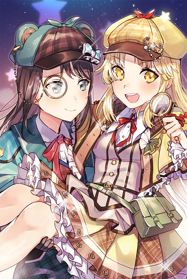 2girls :d aqua_capelet aqua_skirt badge bag bang_dream! bangs bear_hat black_hair blonde_hair blue_eyes bow brown_skirt button_badge capelet carrying deerstalker detective frilled_capelet frilled_sleeves frills grey_eyes hat hat_bow hat_ornament holding long_hair looking_at_another looking_at_viewer magnifying_glass monocle multiple_girls neck_ribbon night okusawa_misaki open_mouth plaid pleated_skirt princess_carry red_neckwear ribbon round_teeth skirt smile sparkle star star_hat_ornament teeth tiny_(tini3030) tsurumaki_kokoro upper_teeth v-shaped_eyebrows yellow_eyes