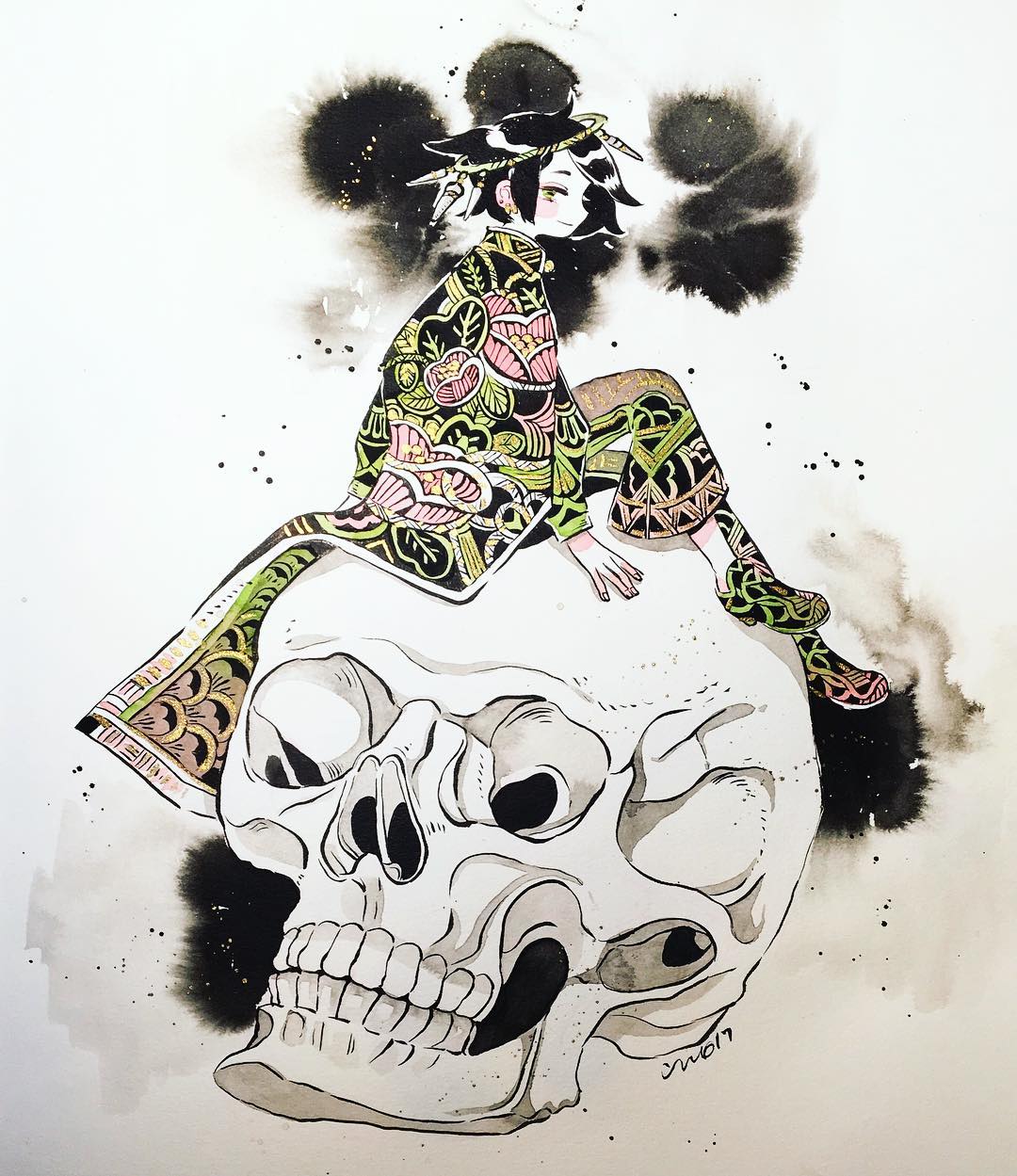 1girl black_hair earrings floral_print flower full_body green_eyes highres inktober jewelry leaf long_sleeves looking_at_viewer looking_back maruti_bitamin original pants photo profile short_hair sitting skull smile solo traditional_media