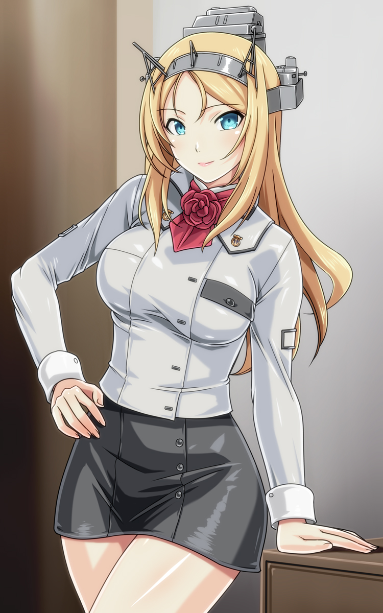 1girl ascot black_skirt blonde_hair blue_eyes breasts cowboy_shot flower headgear highres indoors kantai_collection large_breasts long_hair long_sleeves military military_uniform monteriakitto nelson_(kantai_collection) red_flower red_neckwear red_rose rose skirt smile solo standing uniform